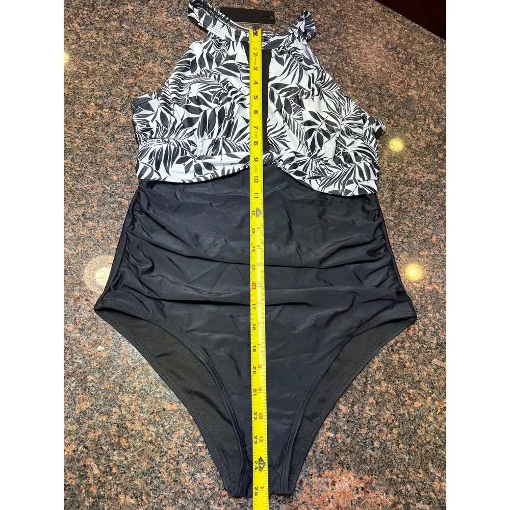 Tempt Me Black White One Piece High Neck Tummy Control Bathing Suit Size M NWT - Picture 10 of 16
